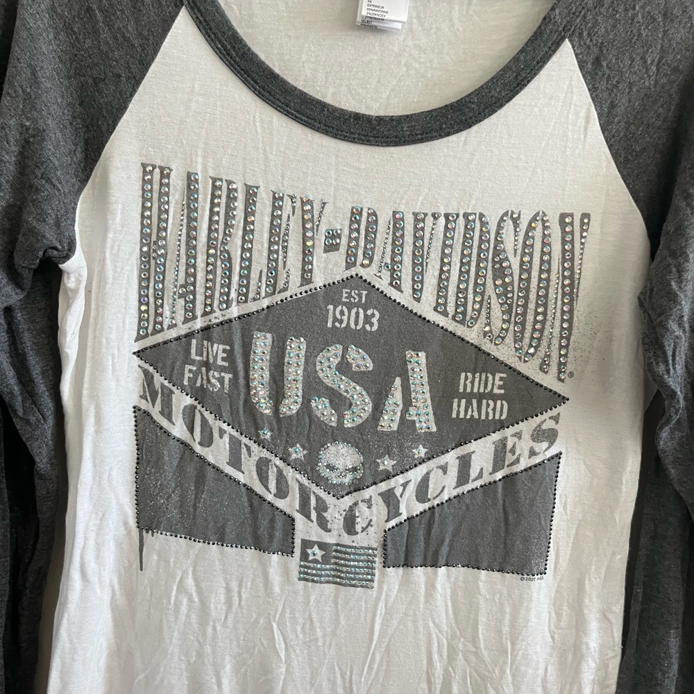 Harley Davidson Burnout Baseball Tee - Woman's White Grey Rhinestone Graphic - Picture 3 of 6